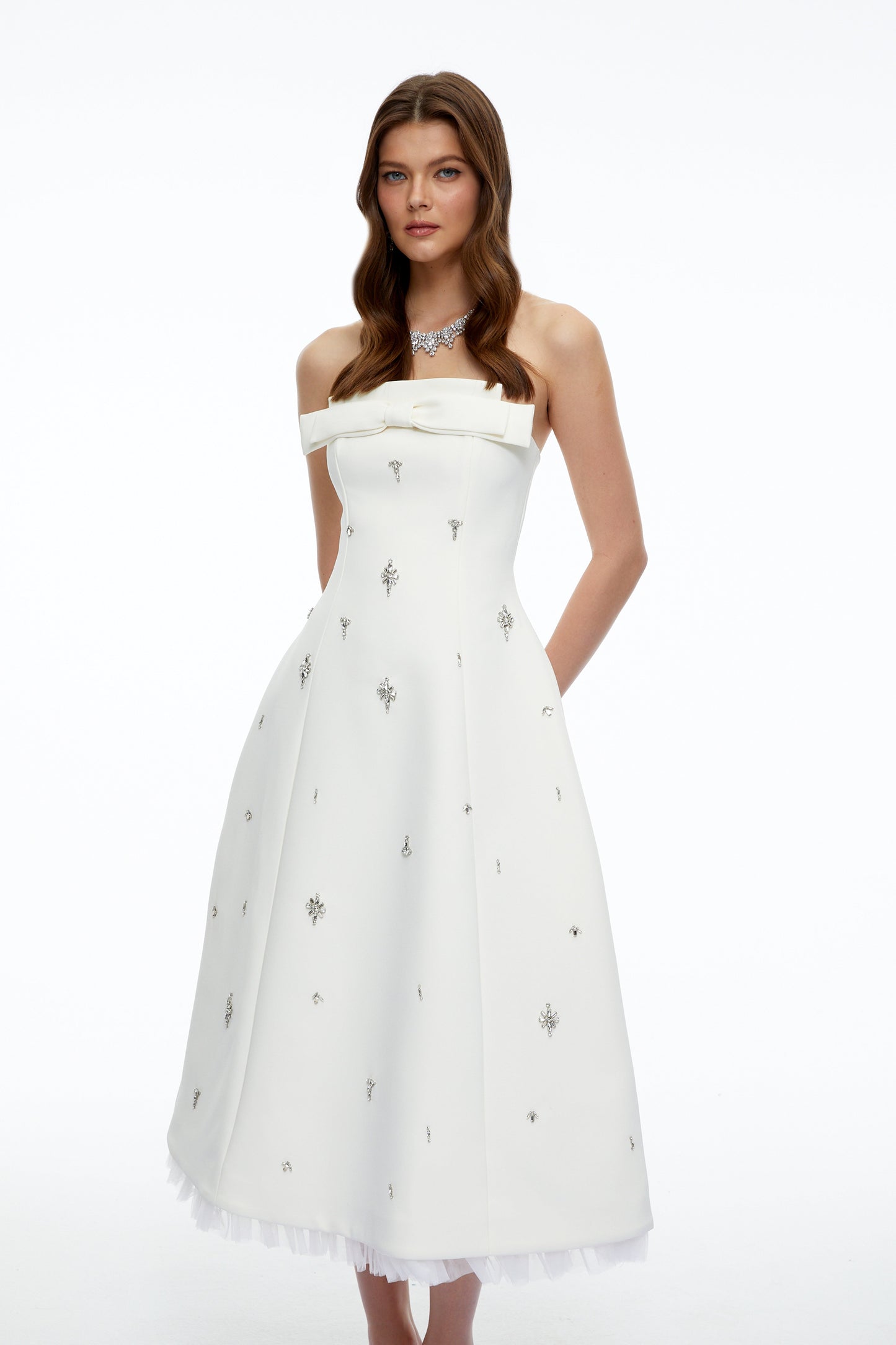 Enid White Strapless Rhinestone Midi Dress with Bow