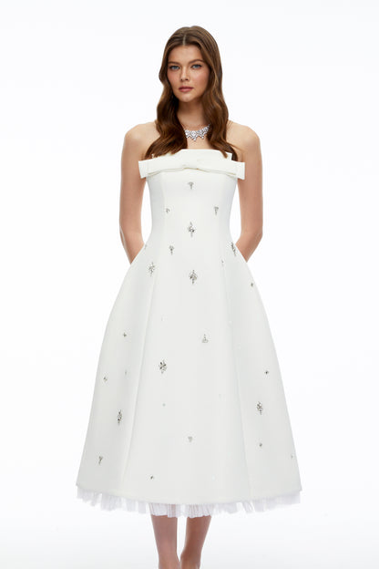 Enid White Strapless Rhinestone Midi Dress with Bow