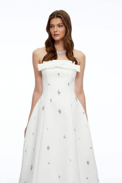 Enid White Strapless Rhinestone Midi Dress with Bow