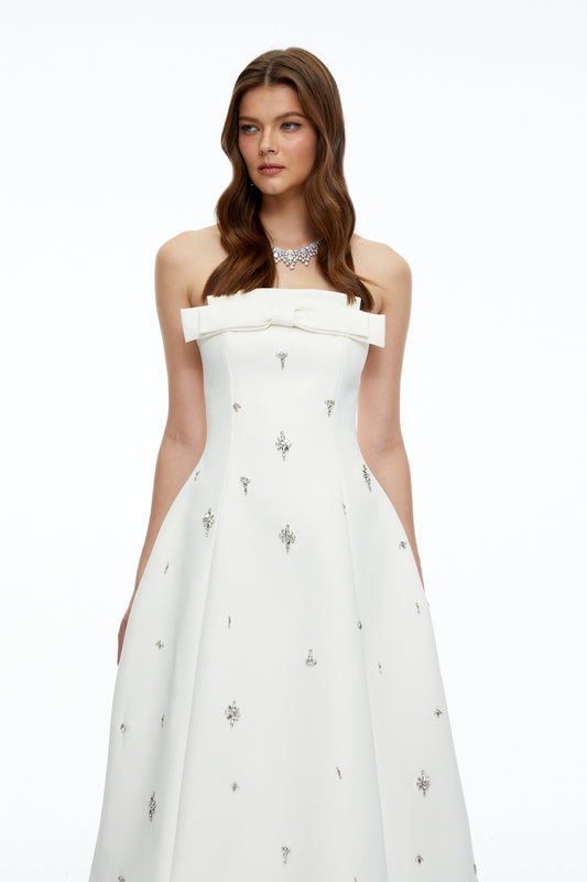 Enid White Strapless Rhinestone Midi Dress with Bow