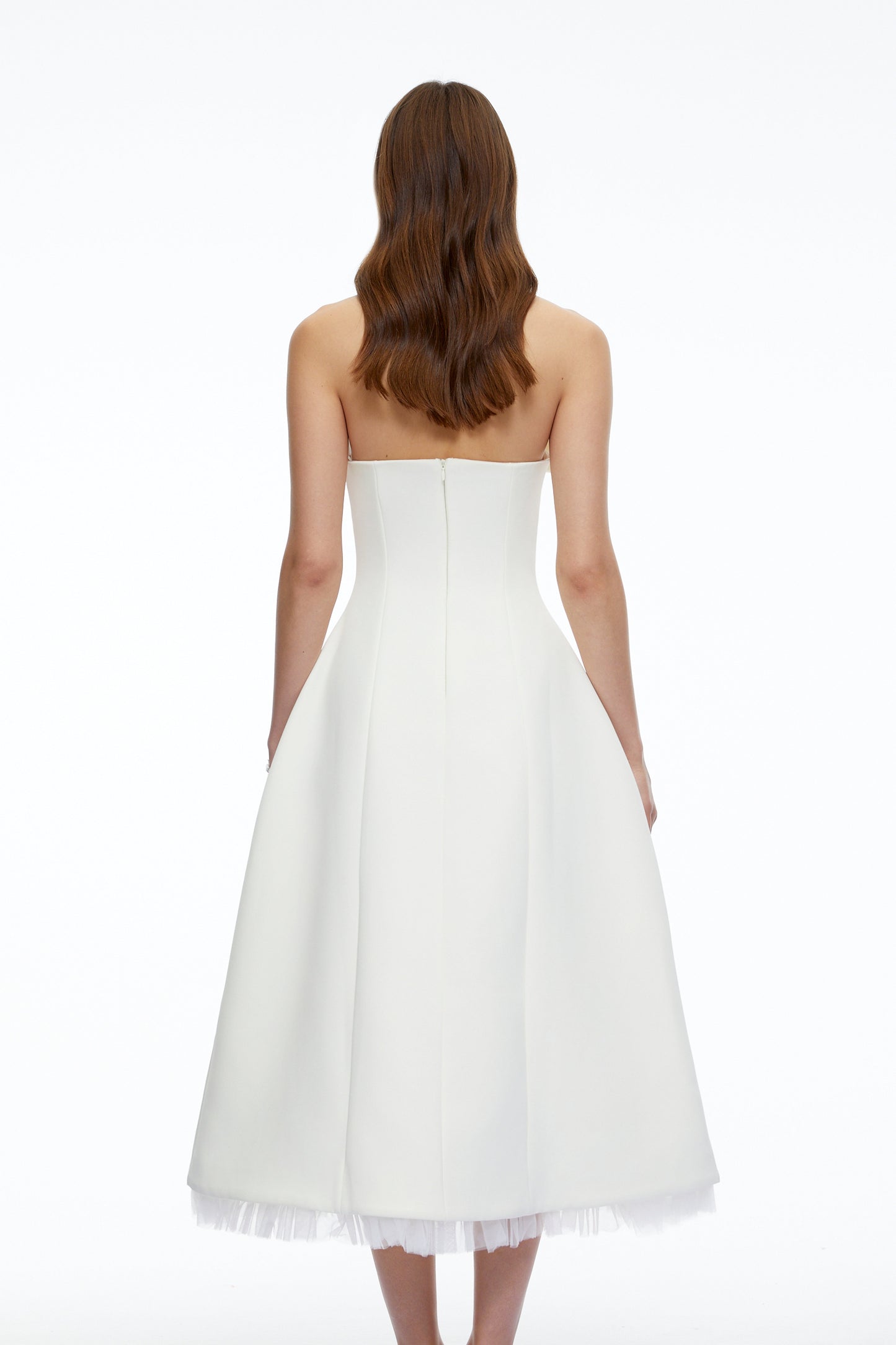 Enid White Strapless Rhinestone Midi Dress with Bow