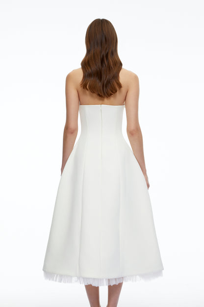 Enid White Strapless Rhinestone Midi Dress with Bow