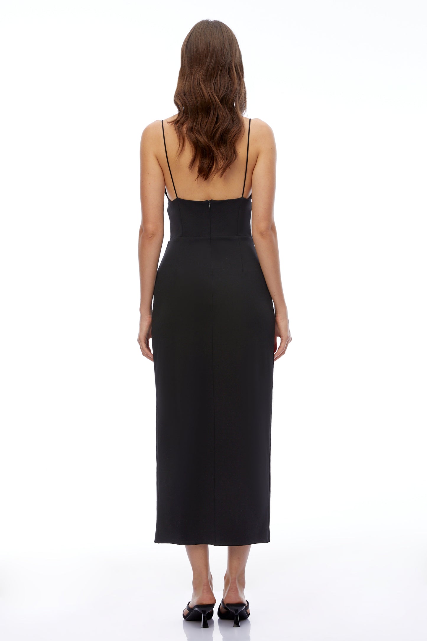 Erena Black Plunge Neck Midi Dress with Slit