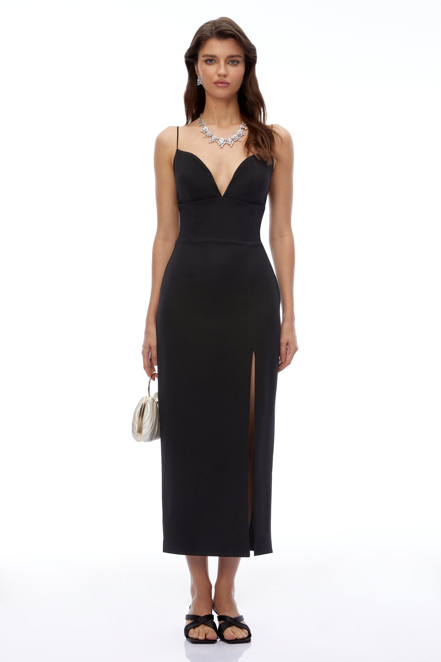 Erena Black Plunge Neck Midi Dress with Slit