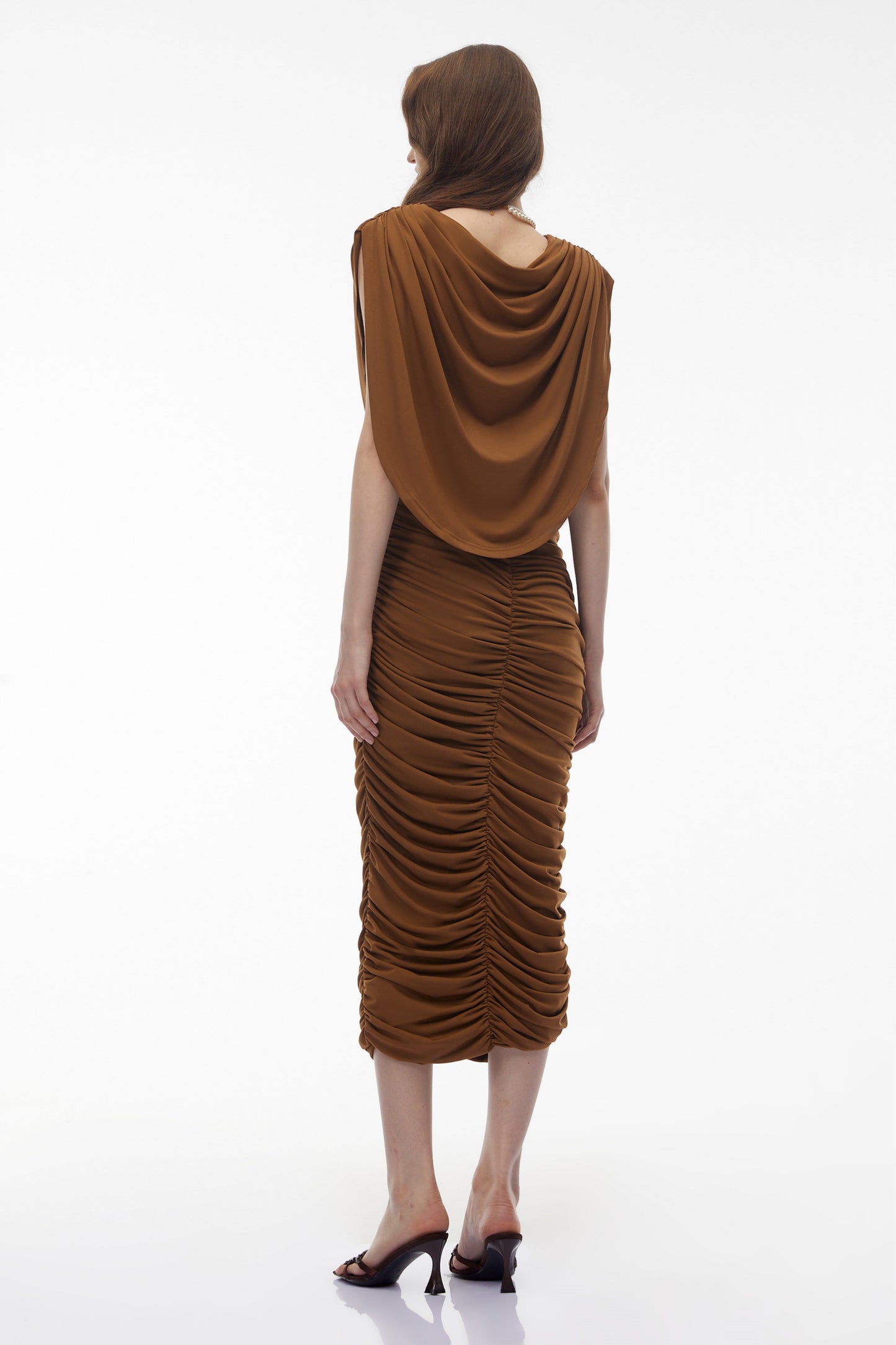 Ereshkigal Kahverengi Dantelli Bodycon Midi Elbise