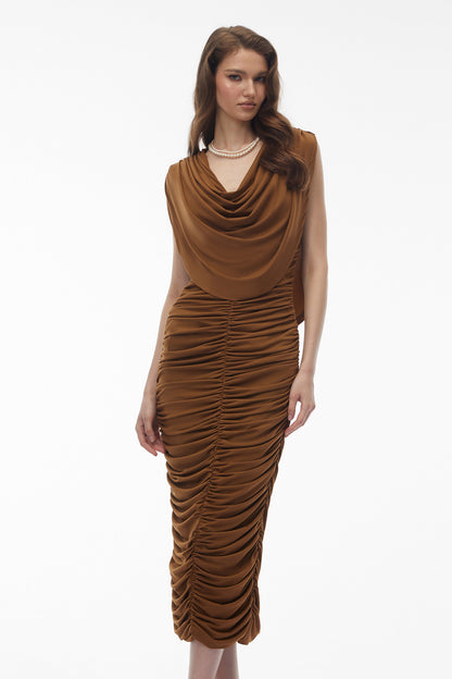 Ereshkigal Kahverengi Dantelli Bodycon Midi Elbise