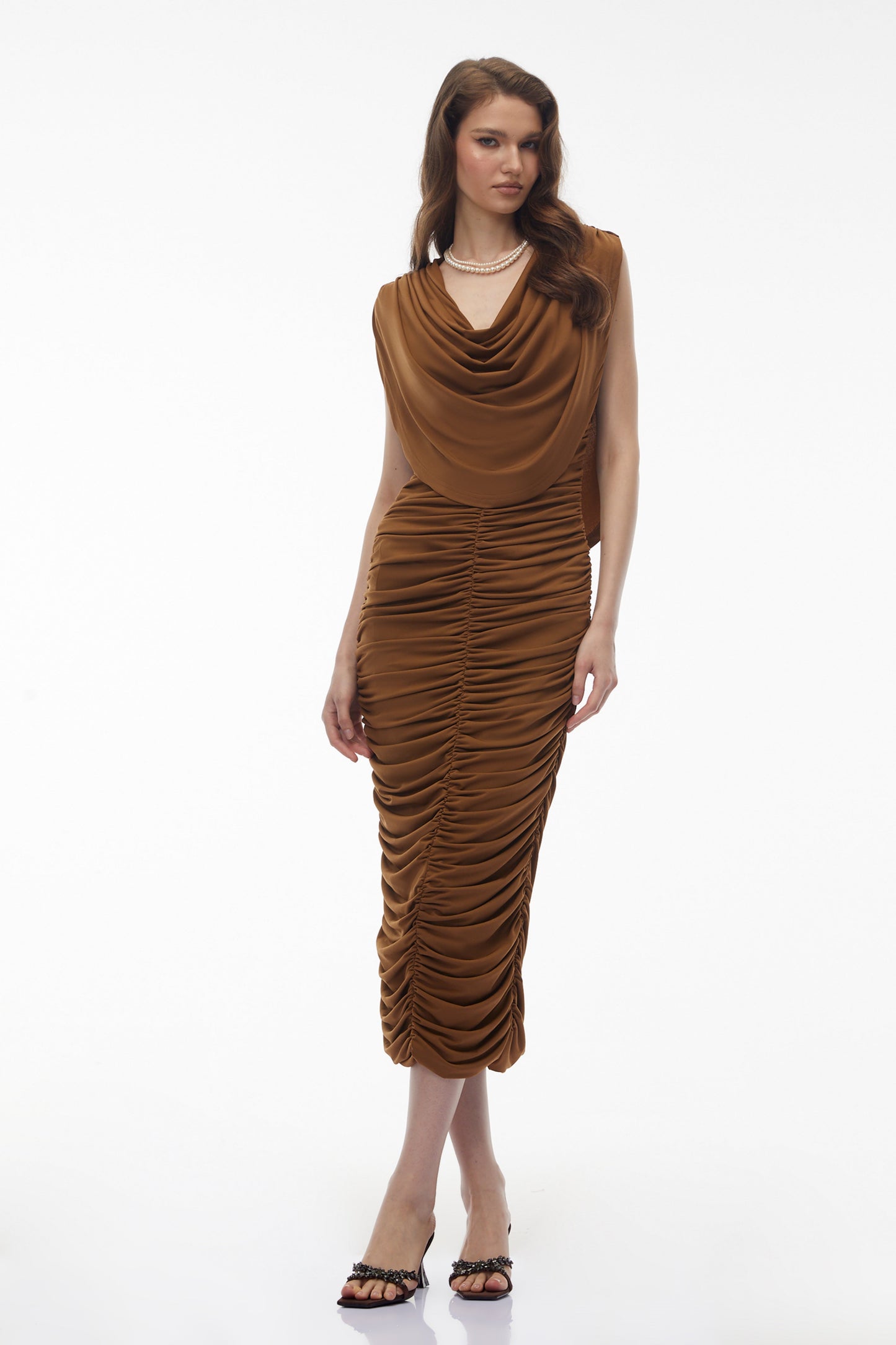 Ereshkigal Kahverengi Dantelli Bodycon Midi Elbise