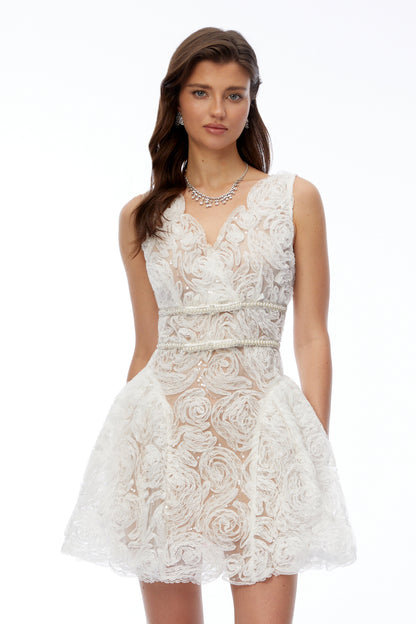Ereti White V-Neck Lace Mini Dress with 3D Florals