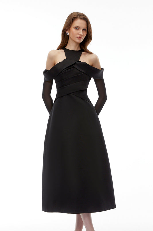 Erika Black Cold Shoulder Draped Midi Dress