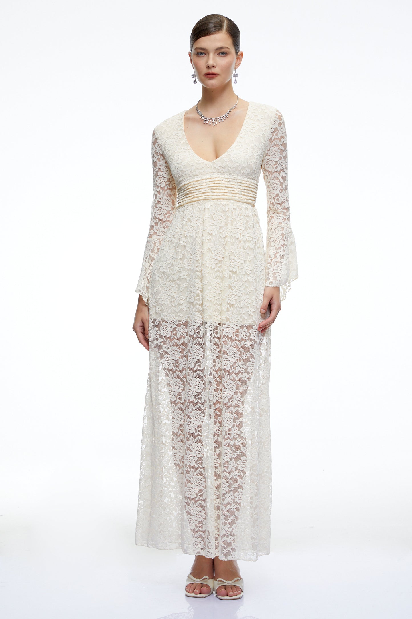 Esme Neutral Long Bell Sleeves Lace Maxi Dress