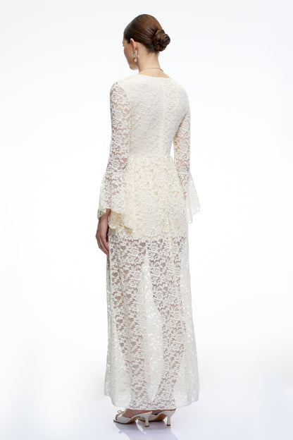 Esme Neutral Long Bell Sleeves Lace Maxi Dress