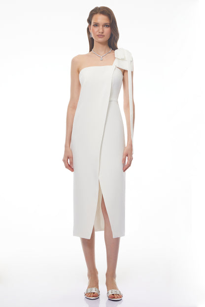 Estelle White Off Shoulder Satin Midi Dress with Bow