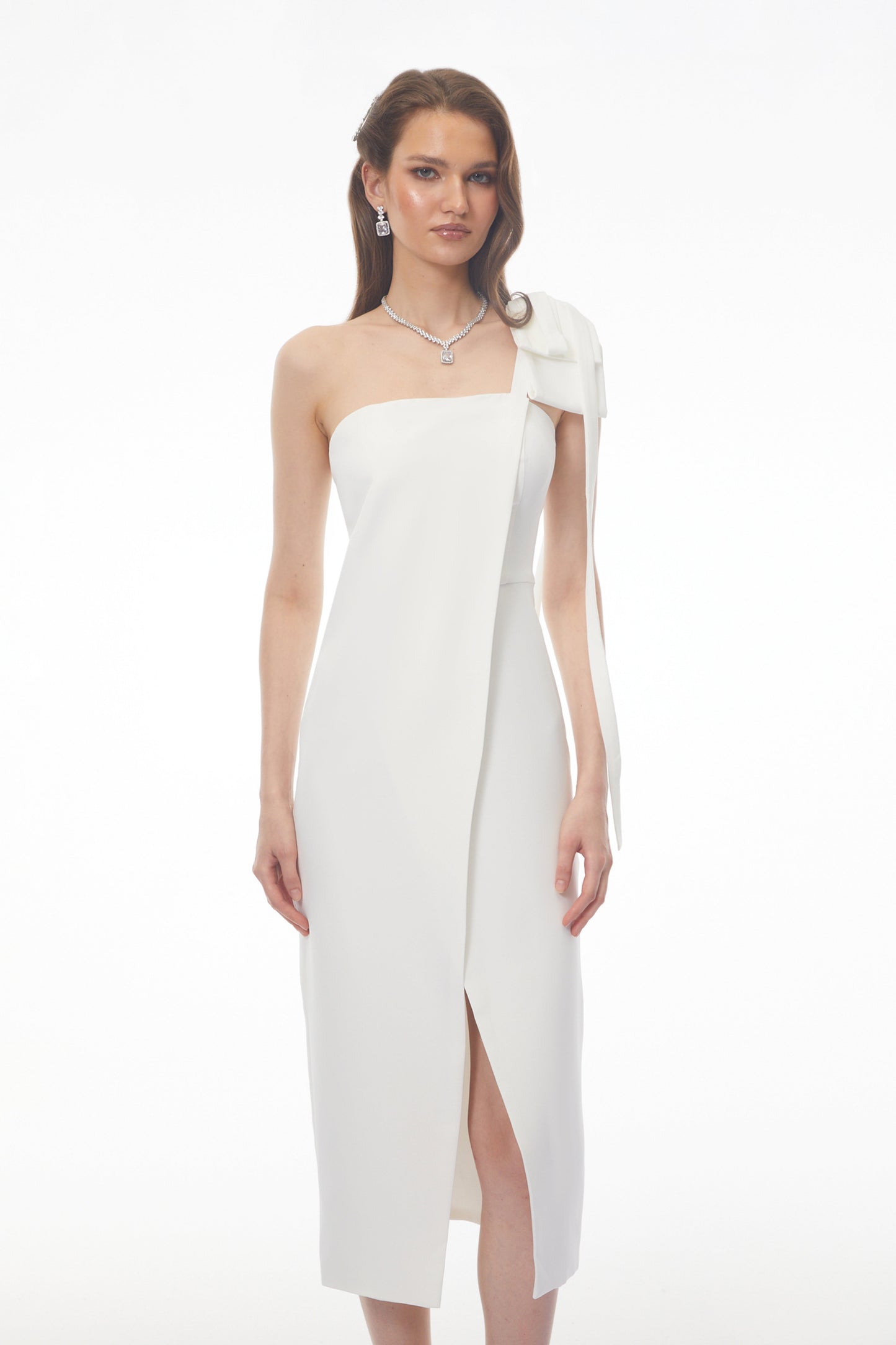 Estelle White Off Shoulder Satin Midi Dress with Bow