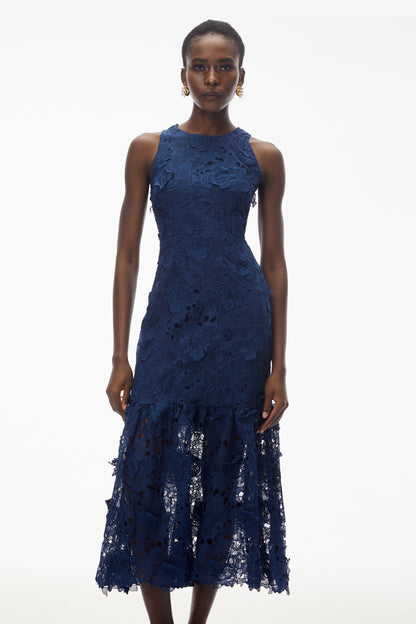 Briseis Blue Midi Dress with 3D Florals