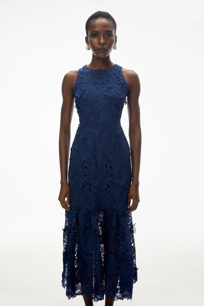 Briseis Blue Midi Dress with 3D Florals