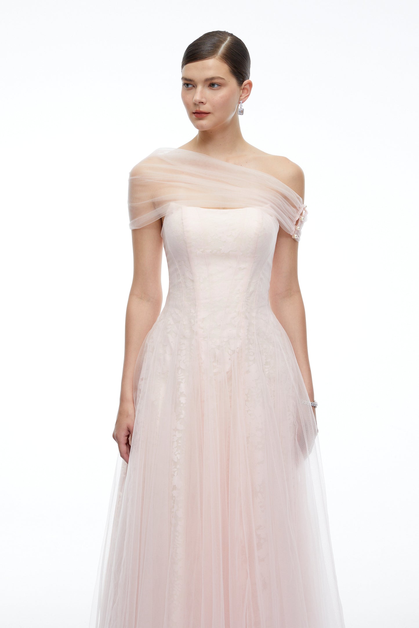 Eulalie Pink Tulle Maxi Dress With Shawl