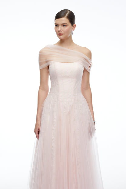 Eulalie Pink Tulle Maxi Dress With Shawl