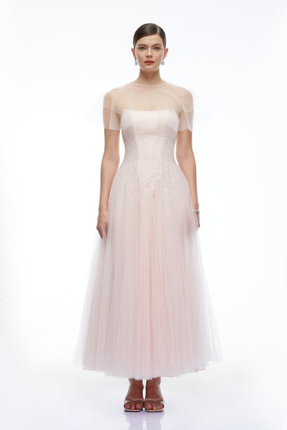 Eulalie Pink Tulle Maxi Dress With Shawl