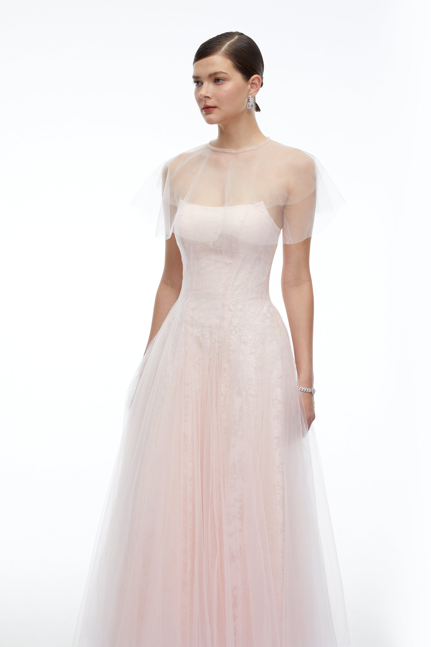 Eulalie Pink Tulle Maxi Dress With Shawl