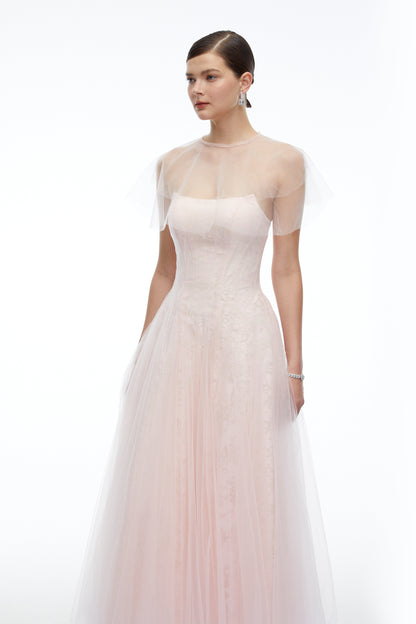 Eulalie Pink Tulle Maxi Dress With Shawl