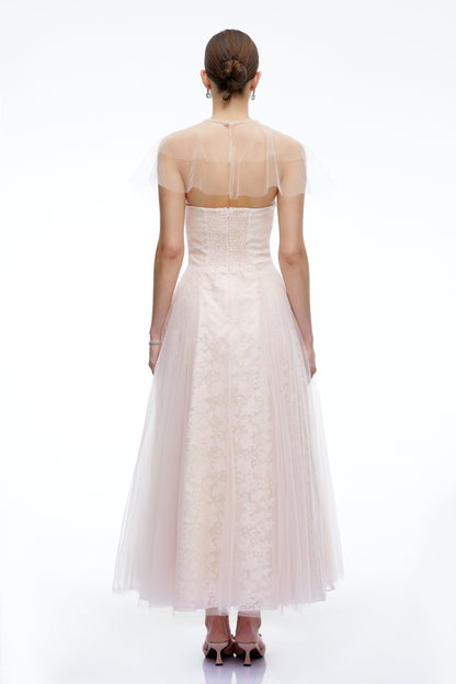 Eulalie Pink Tulle Maxi Dress With Shawl