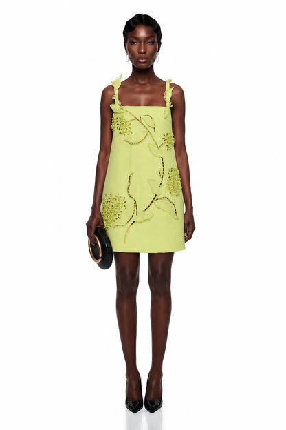 Eunice Chartreuse Floral Applique Mini Dress