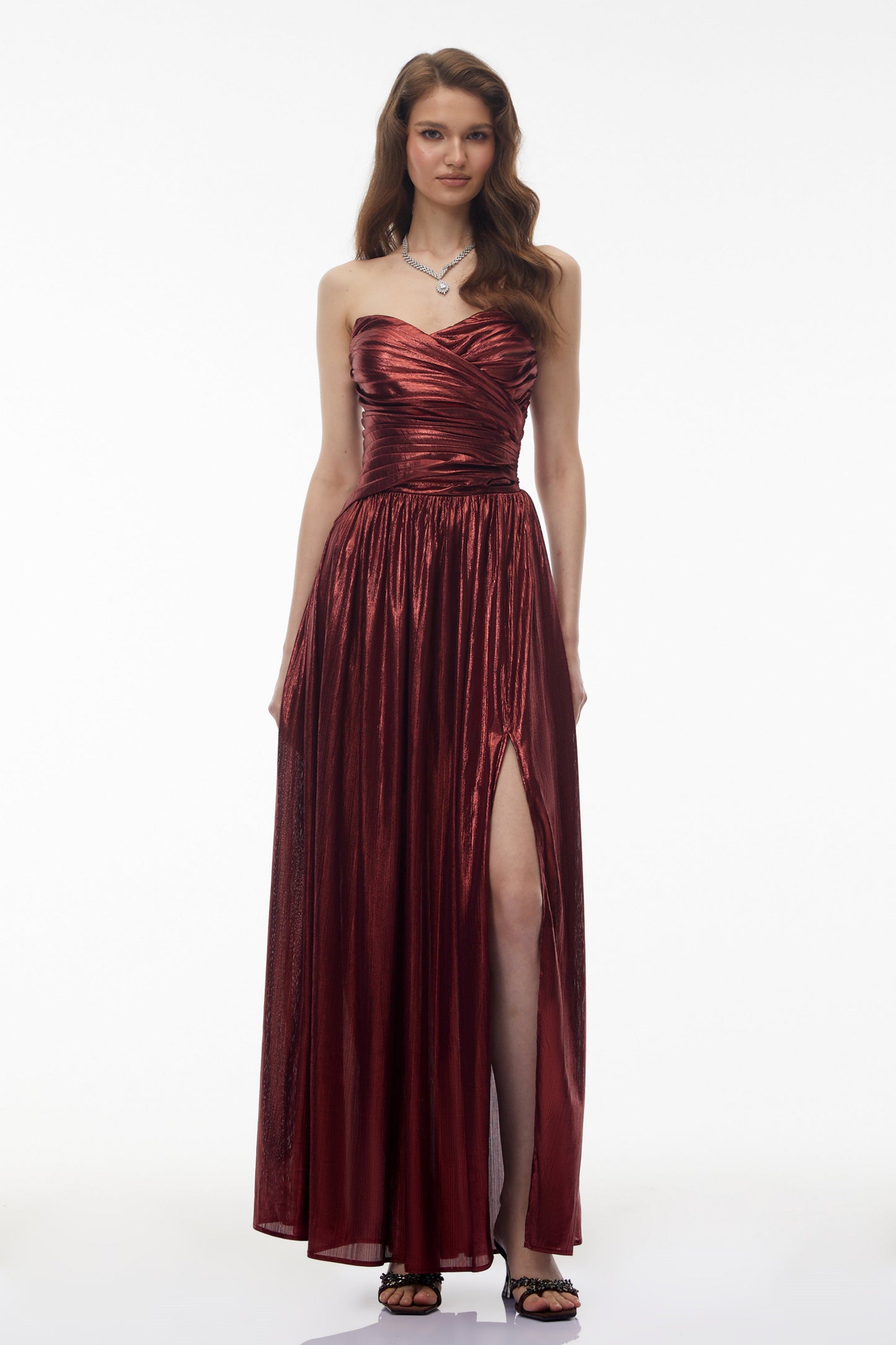 Eurydice Red Off Shoulder Ruched High Slit Maxi Dress