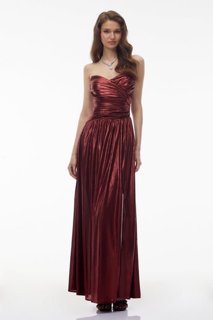 Eurydice Red Off Shoulder Ruched High Slit Maxi Dress
