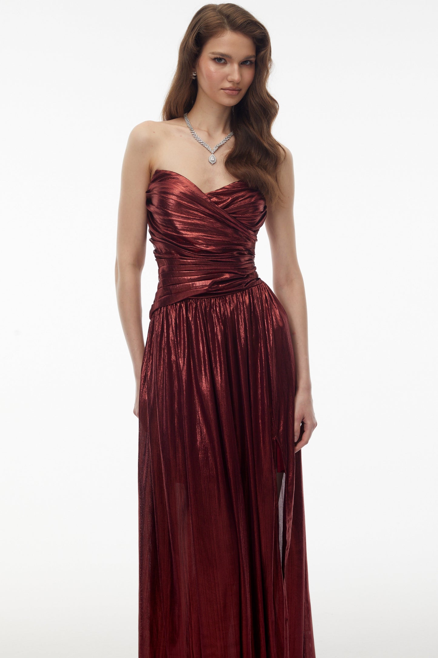 Eurydice Red Off Shoulder Ruched High Slit Maxi Dress