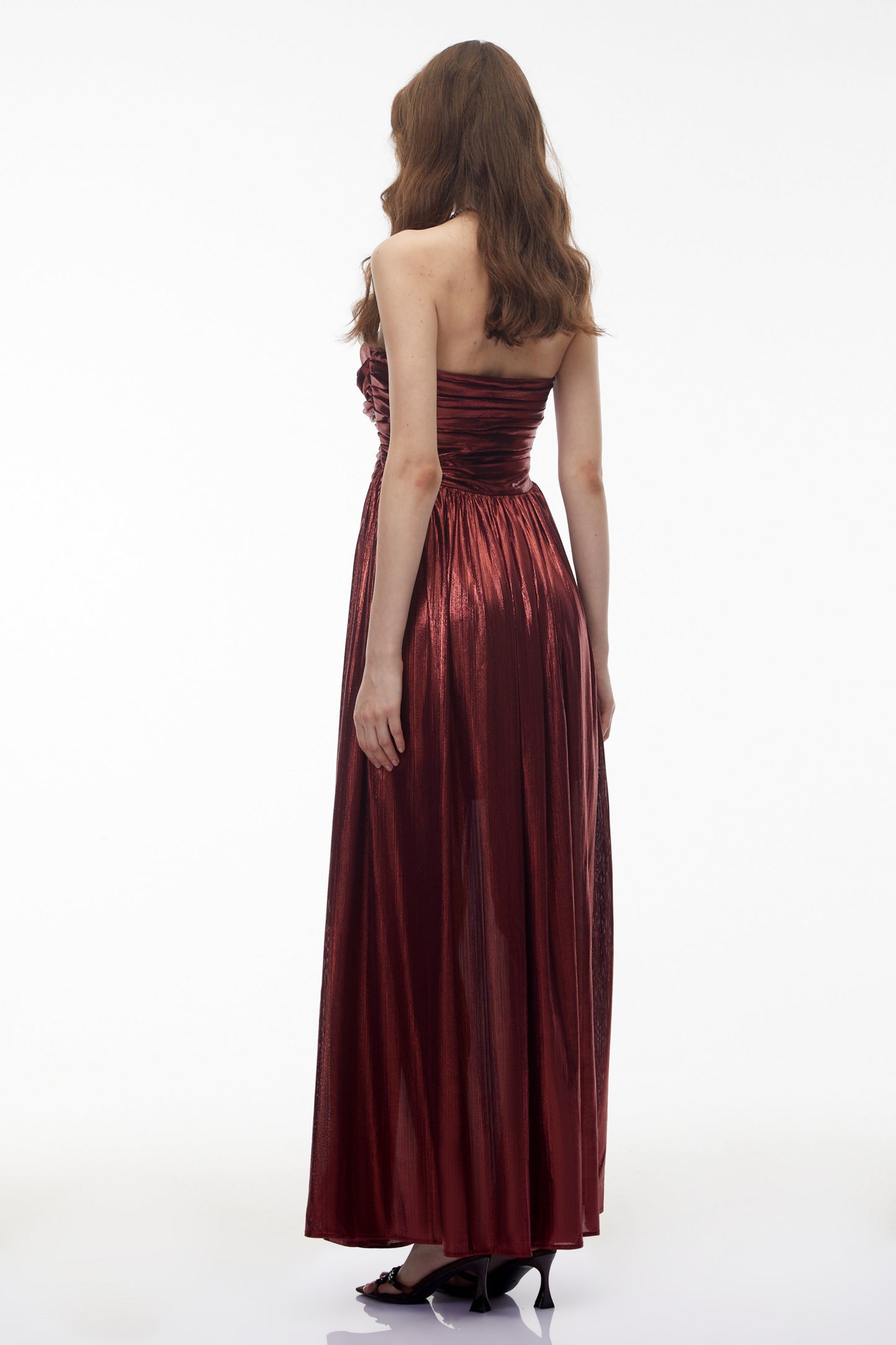 Eurydice Red Off Shoulder Ruched High Slit Maxi Dress