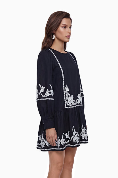 Eva Black Floral Embroidered Mini Dress