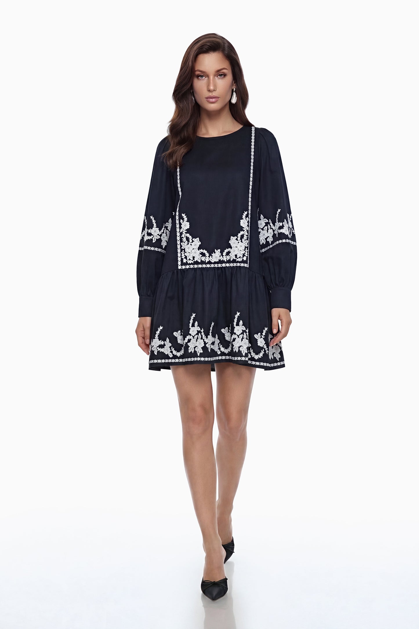 Eva Black Floral Embroidered Mini Dress