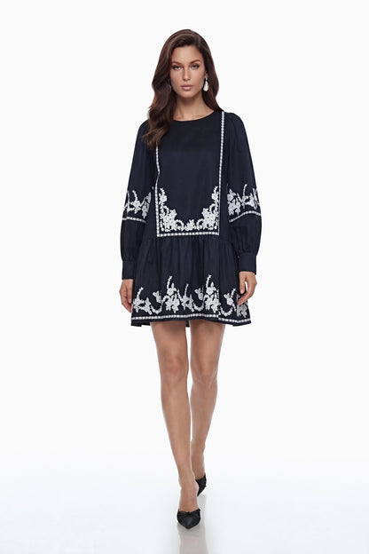 Eva Black Floral Embroidered Mini Dress