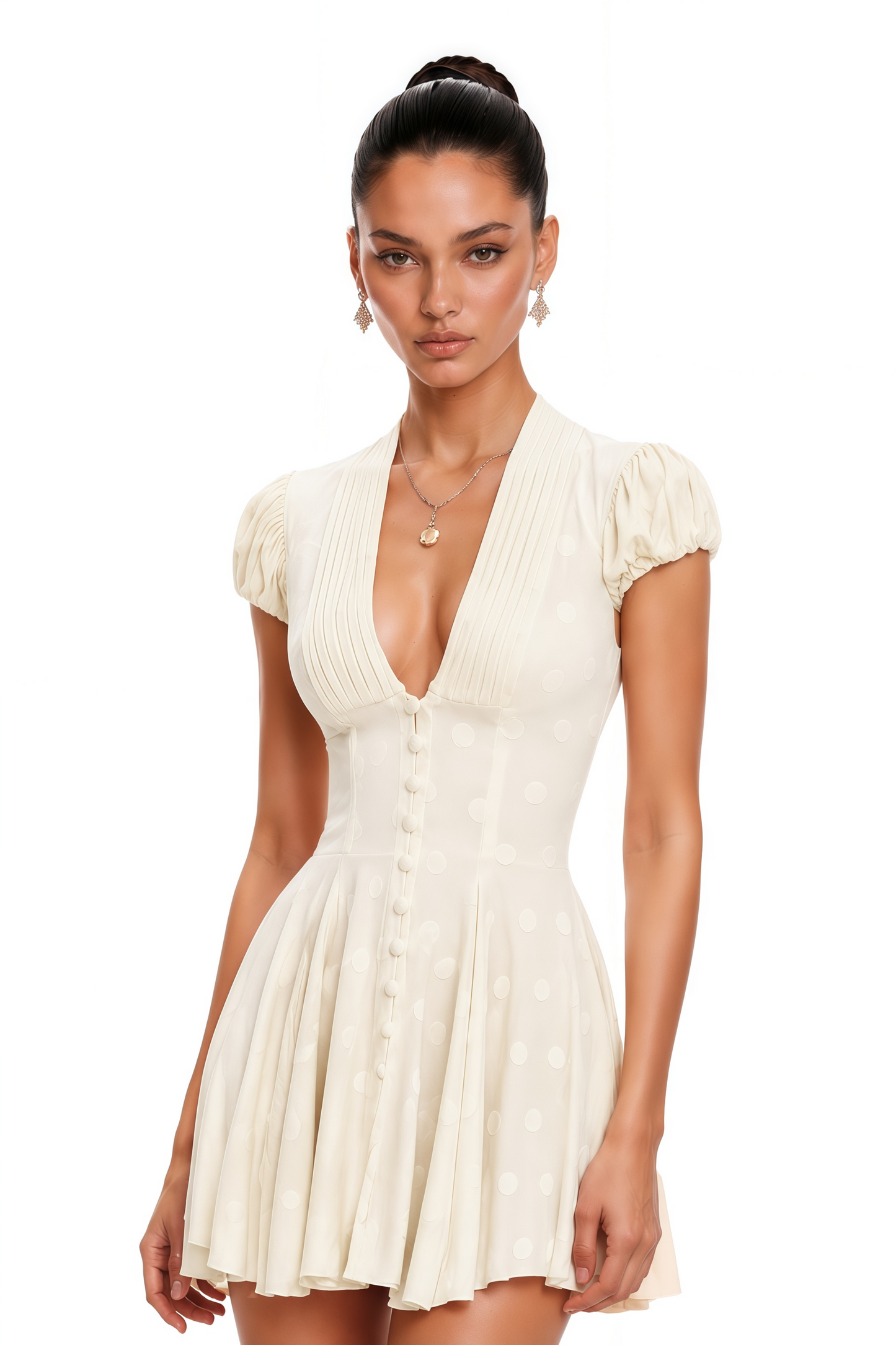 Eva Neutrals V-Neck Pleated Button Down Mini Dress
