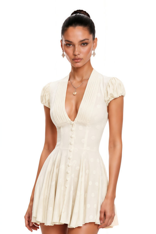 Eva Neutrals V-Neck Pleated Button Down Mini Dress