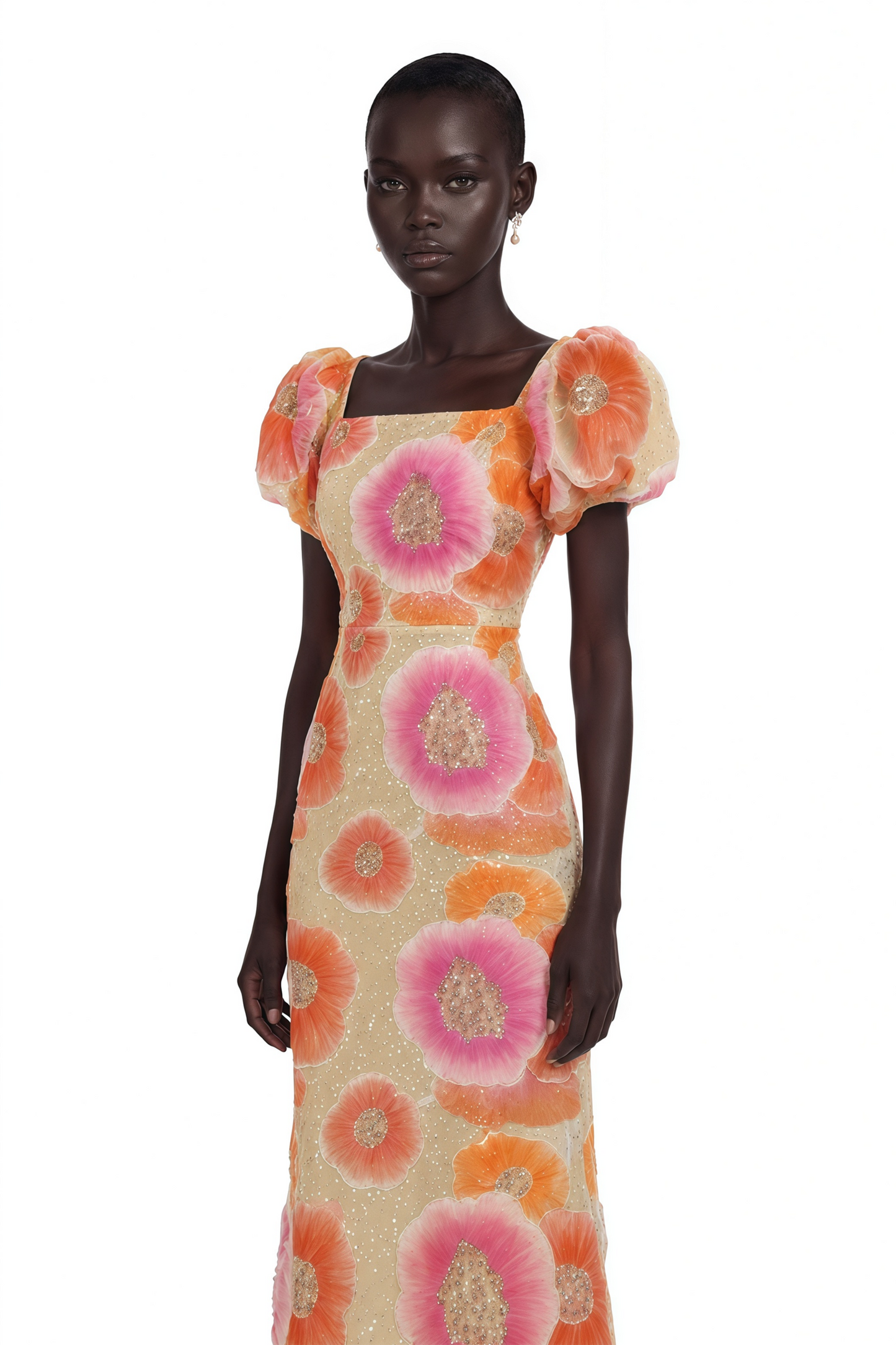 Evangeline Orange Floral Print Midi Dress with Sequins and Rhinestones