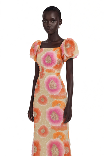 Evangeline Orange Floral Print Midi Dress with Sequins and Rhinestones