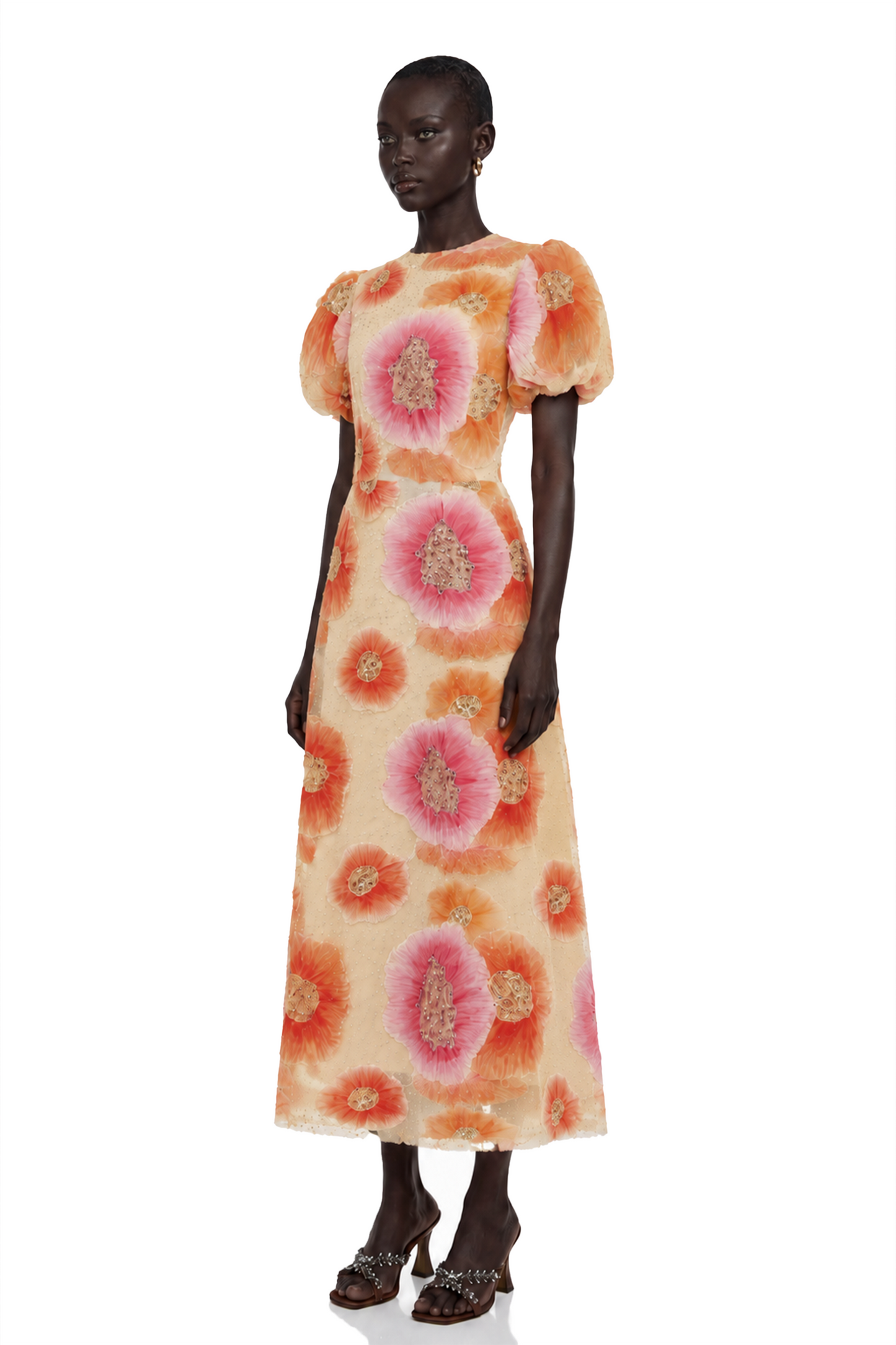 Evangeline Orange Floral Print Midi Dress with Sequins and Rhinestones