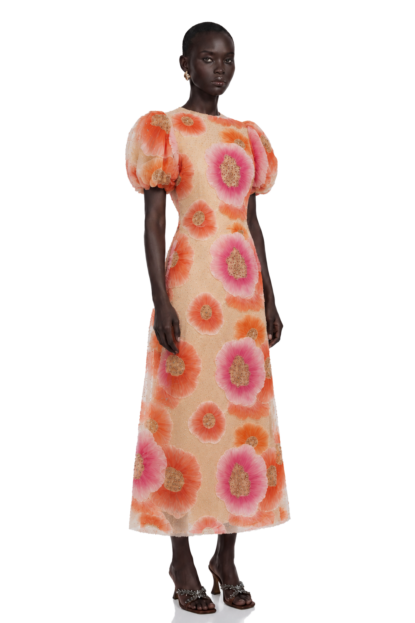 Evangeline Orange Floral Print Midi Dress with Sequins and Rhinestones