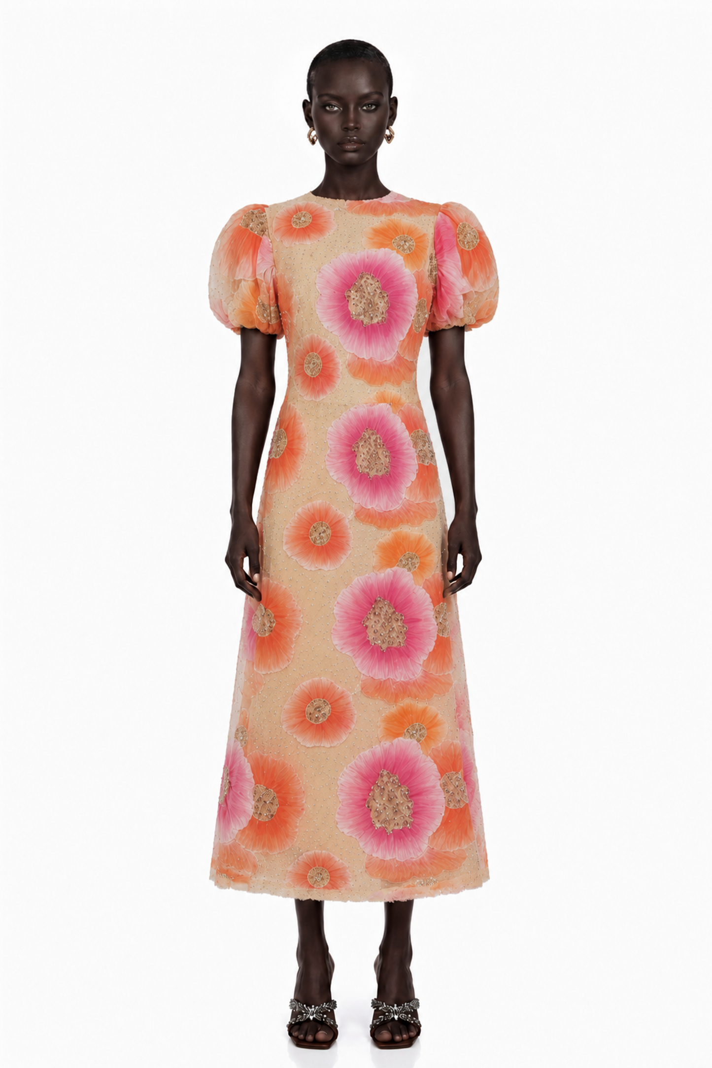 Evangeline Orange Floral Print Midi Dress with Sequins and Rhinestones
