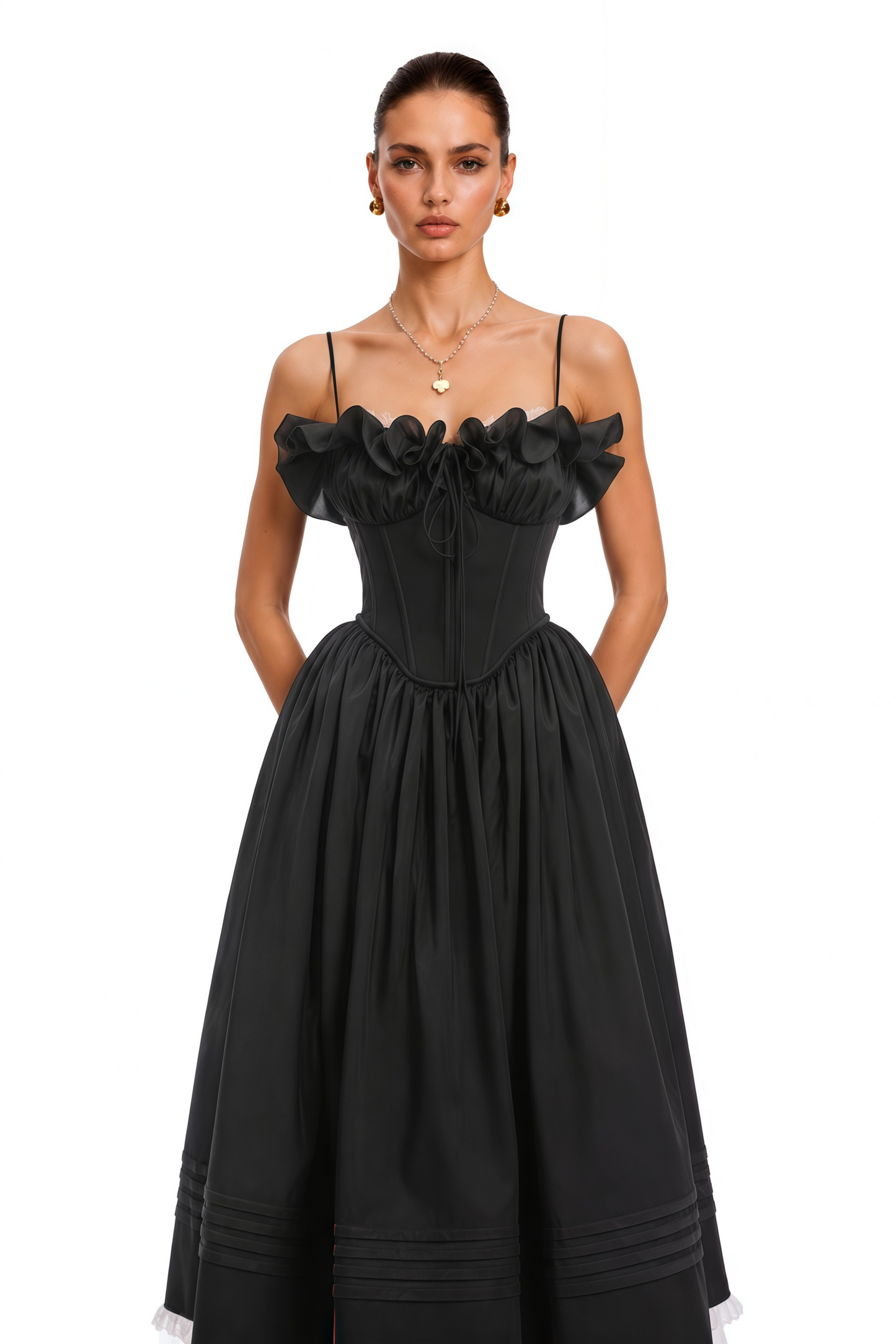 Evelina Black Corset Maxi Dress with Spaghetti Straps