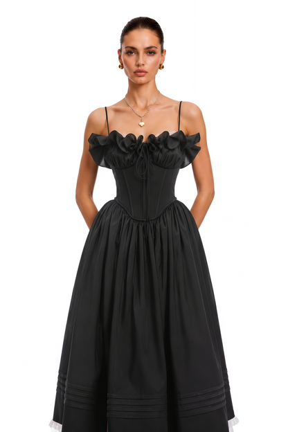 Evelina Black Corset Maxi Dress with Spaghetti Straps