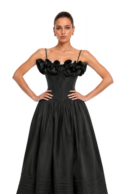 Evelina Black Corset Maxi Dress with Spaghetti Straps