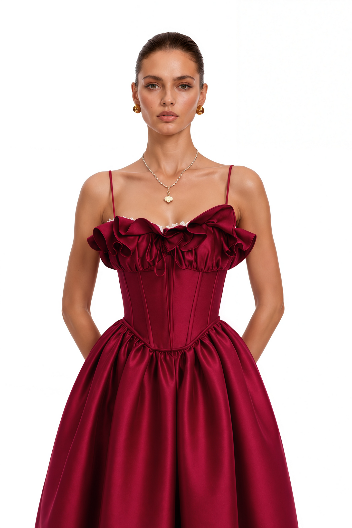 Evelina Red Corset Maxi Dress with Spaghetti Straps