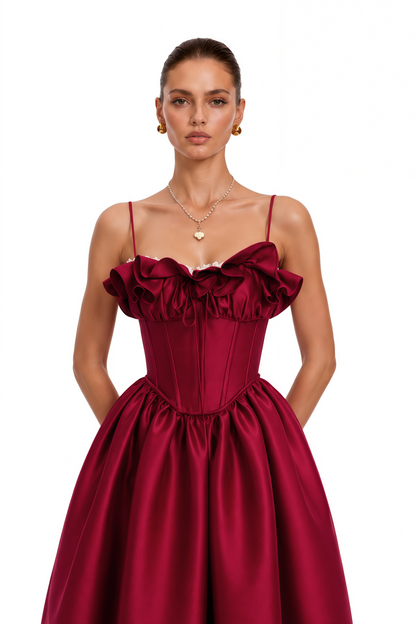 Evelina Red Corset Maxi Dress with Spaghetti Straps