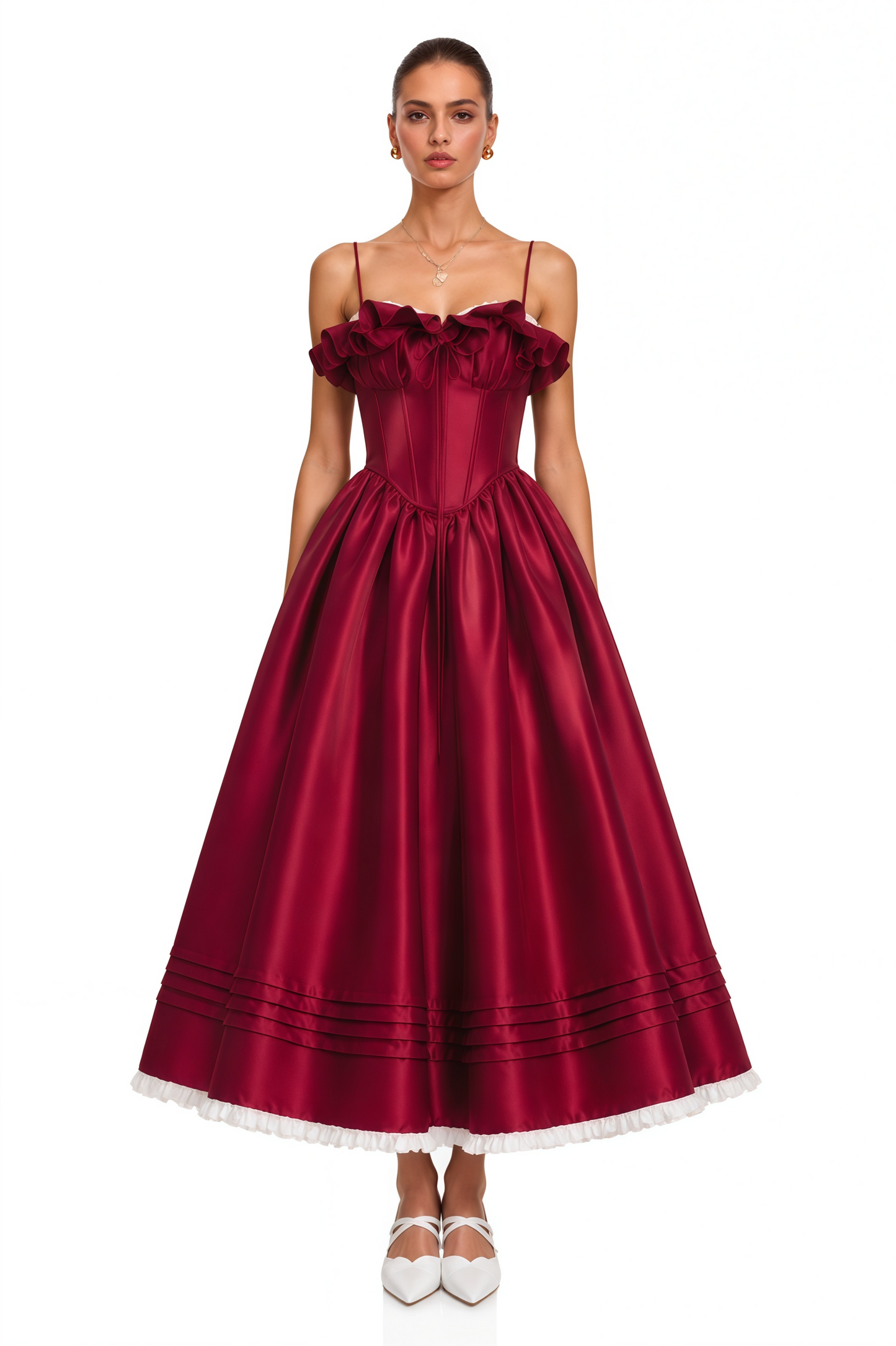 Evelina Red Corset Maxi Dress with Spaghetti Straps