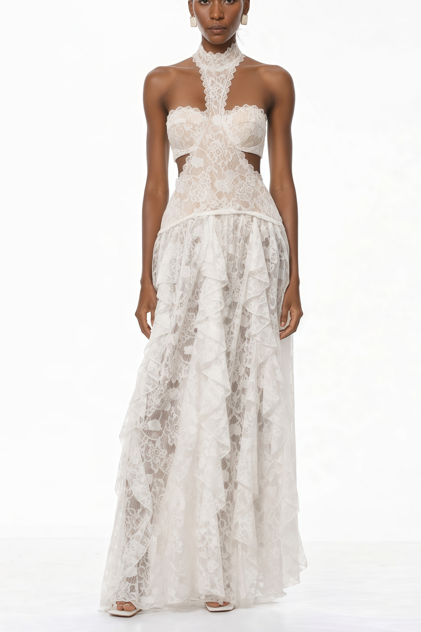 Evelyn White Halterneck Lace Maxi Dress