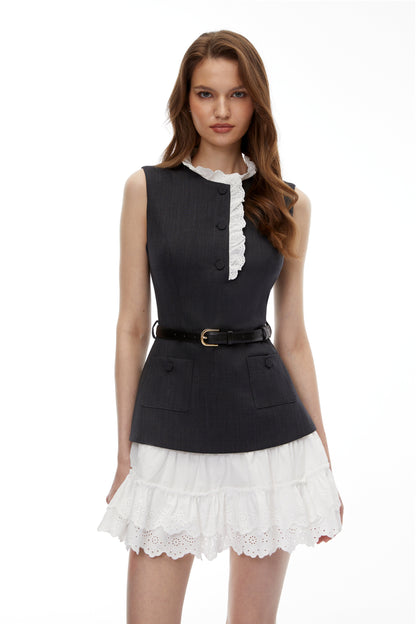 Fadila Black Color Block Ruffled Mini Dress