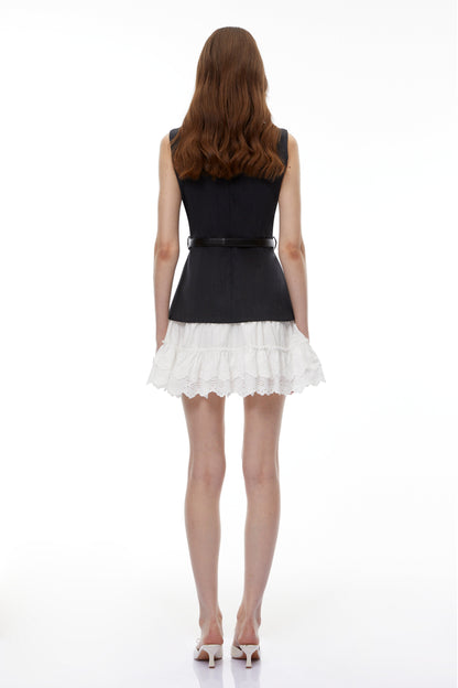 Fadila Black Color Block Ruffled Mini Dress