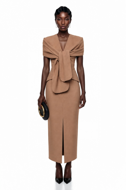 Fahire Brown Plunge Neck Midi Dress with Self-Tie